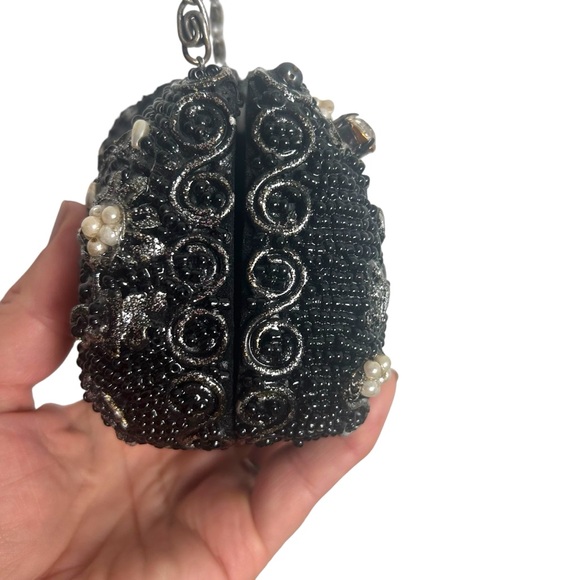 Mary Frances Black Beaded Pearl Rhinestone Silver Evening Shoulder Bag EC - Picture 4 of 16